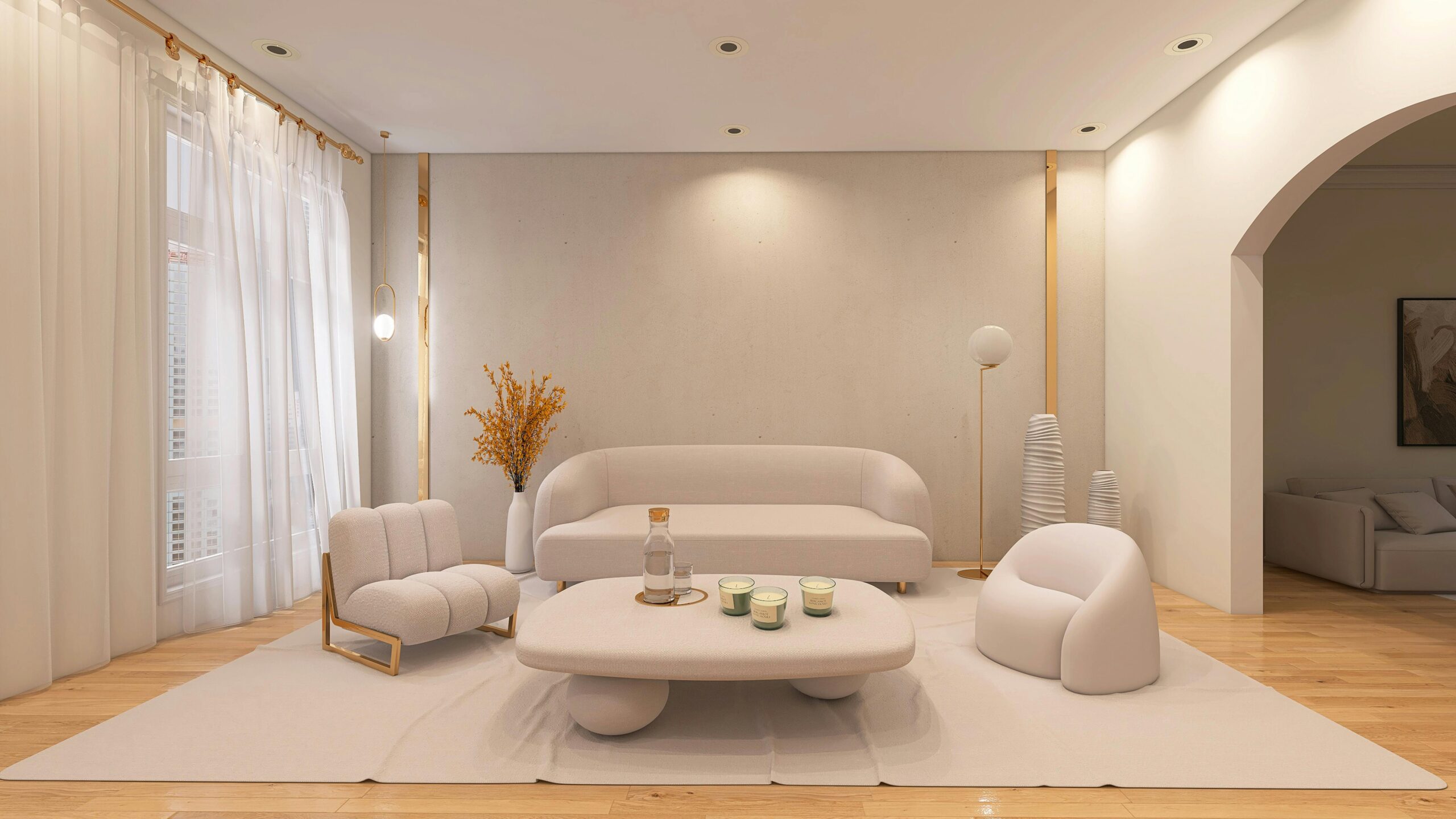 Stylish modern living room with soft beige furniture and elegant decor.